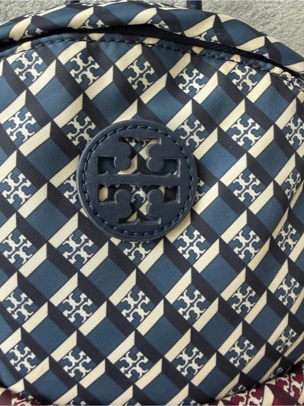 Tory Burch Navy and Burgundy Geometric Logo Backpack